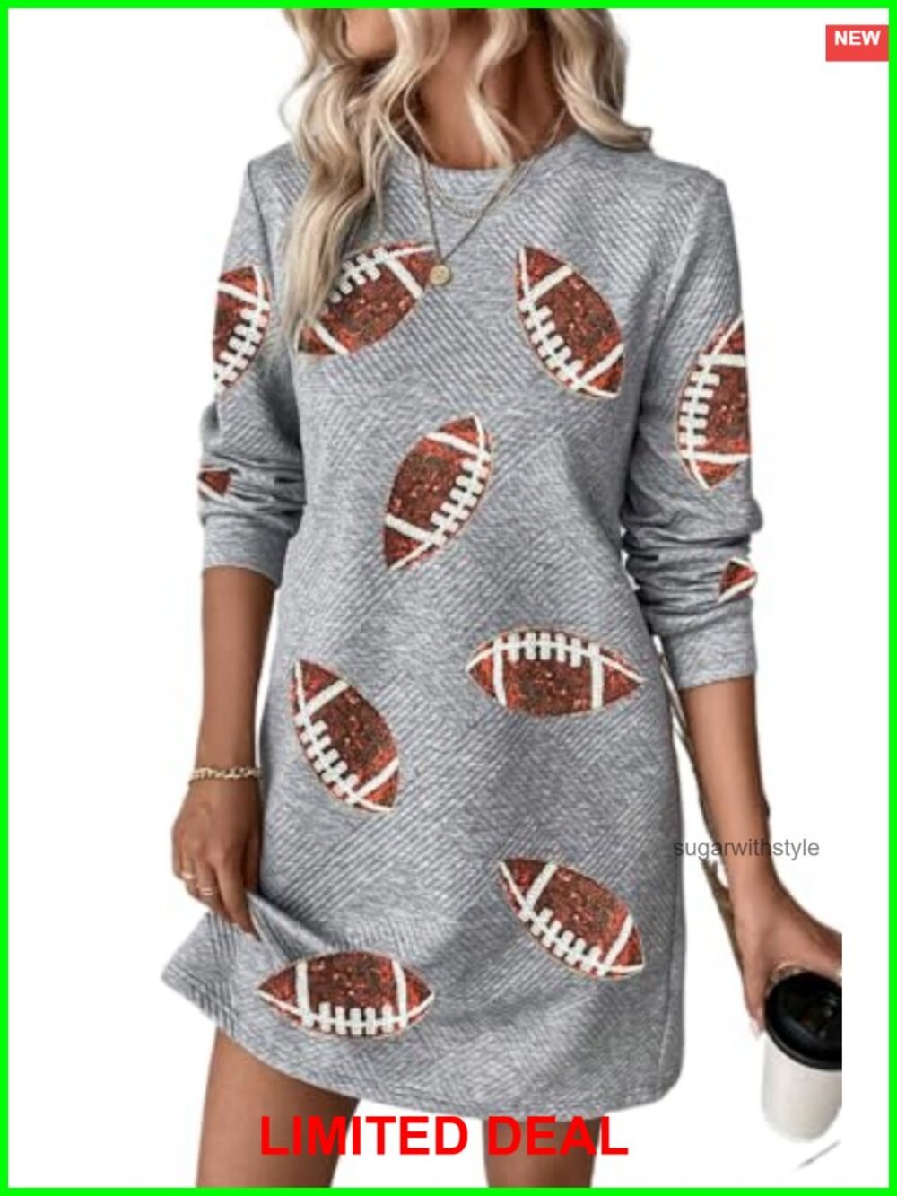 Womens Sequin Football Graphic Long Sleeve Mini Shift Dress Casual Game Day